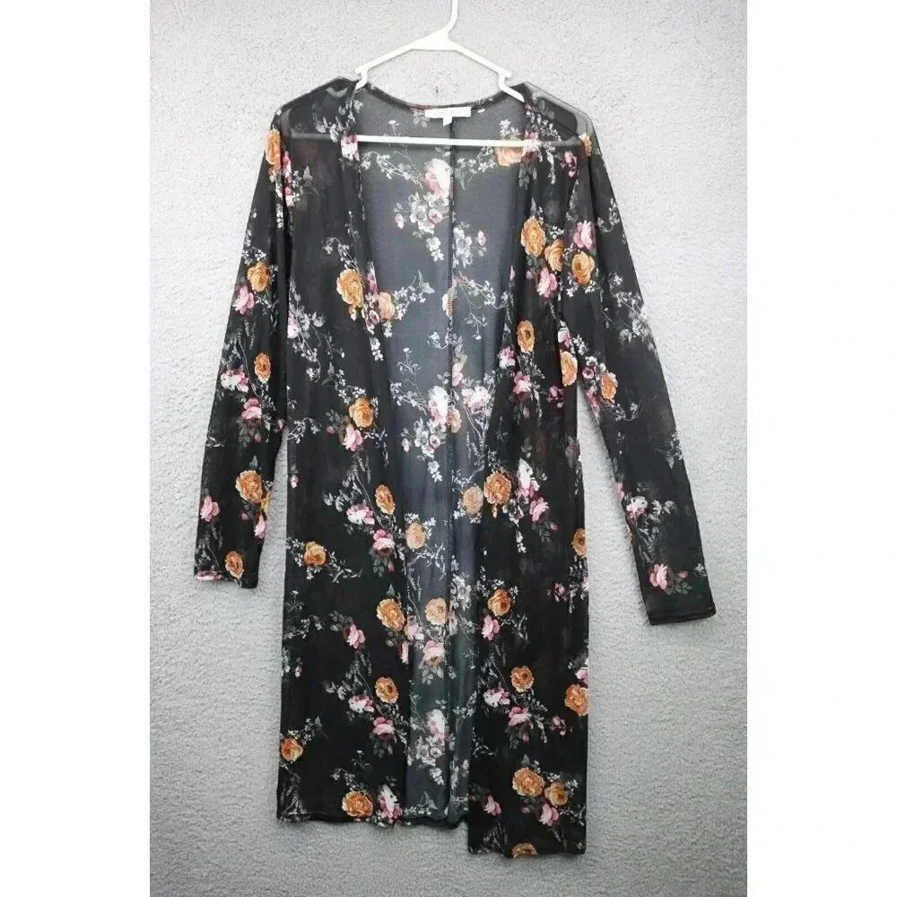 Purple Snow Mesh Cardigan-Size XL-Black w/Florals-Sheer